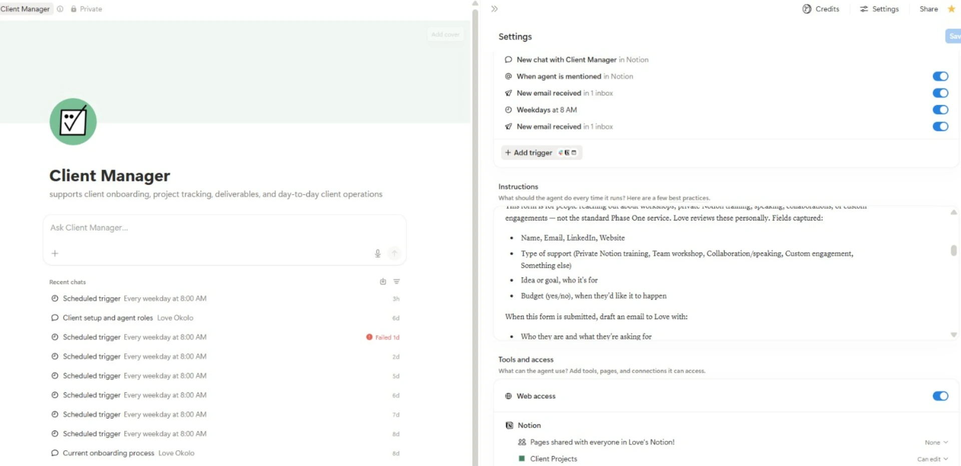 Configuración del agente Client Manager con triggers e instrucciones